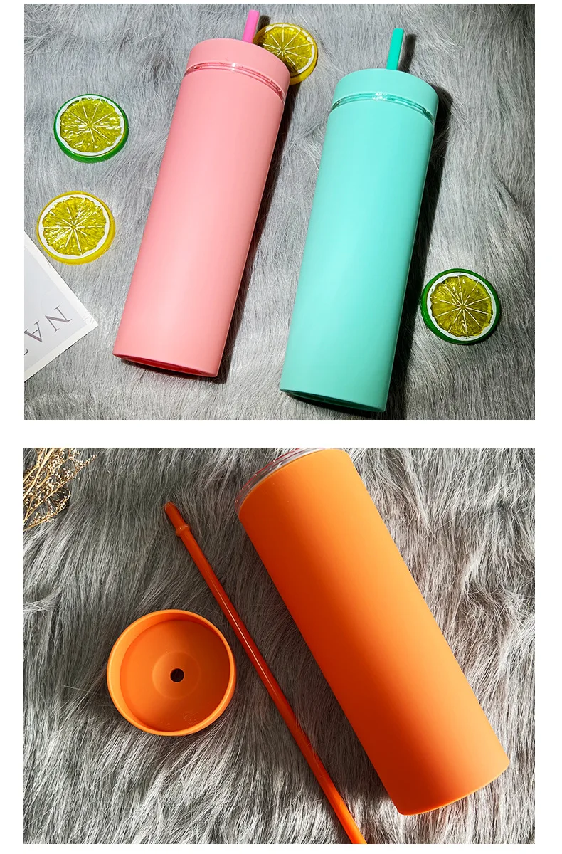 Custom Double Walled 16oz Skinny Tumbler Bulk Wholesale Colored Acrylic  Skinny Matte Tumbler Plastic Tumbler With Lids and Straw