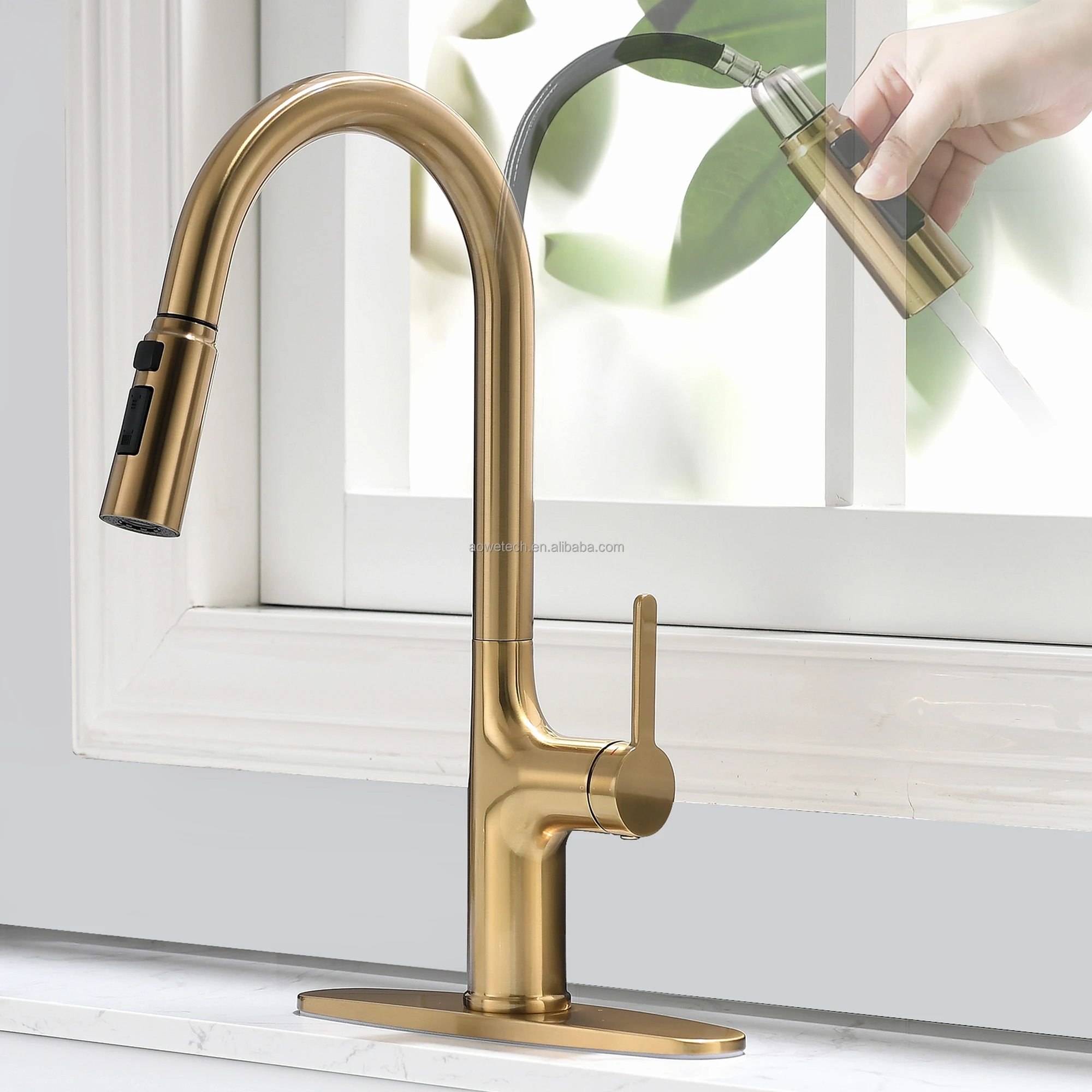 AOWE Premium Pull-Out Kitchen Sink Faucet - 360 Degree Rotating Hot & Cold Mixer Tap in Brushed Nickel for OEM/ODM Service