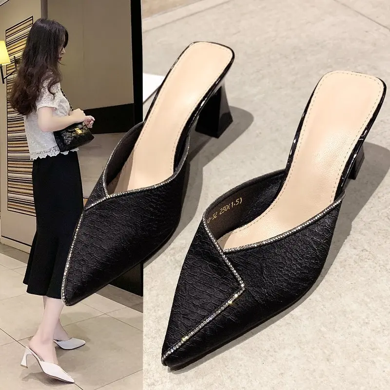 NEW Point Head Sandals with Diamond Summer Women's High-heeled Shoes with Thick Heels and Wrapped Half slippers