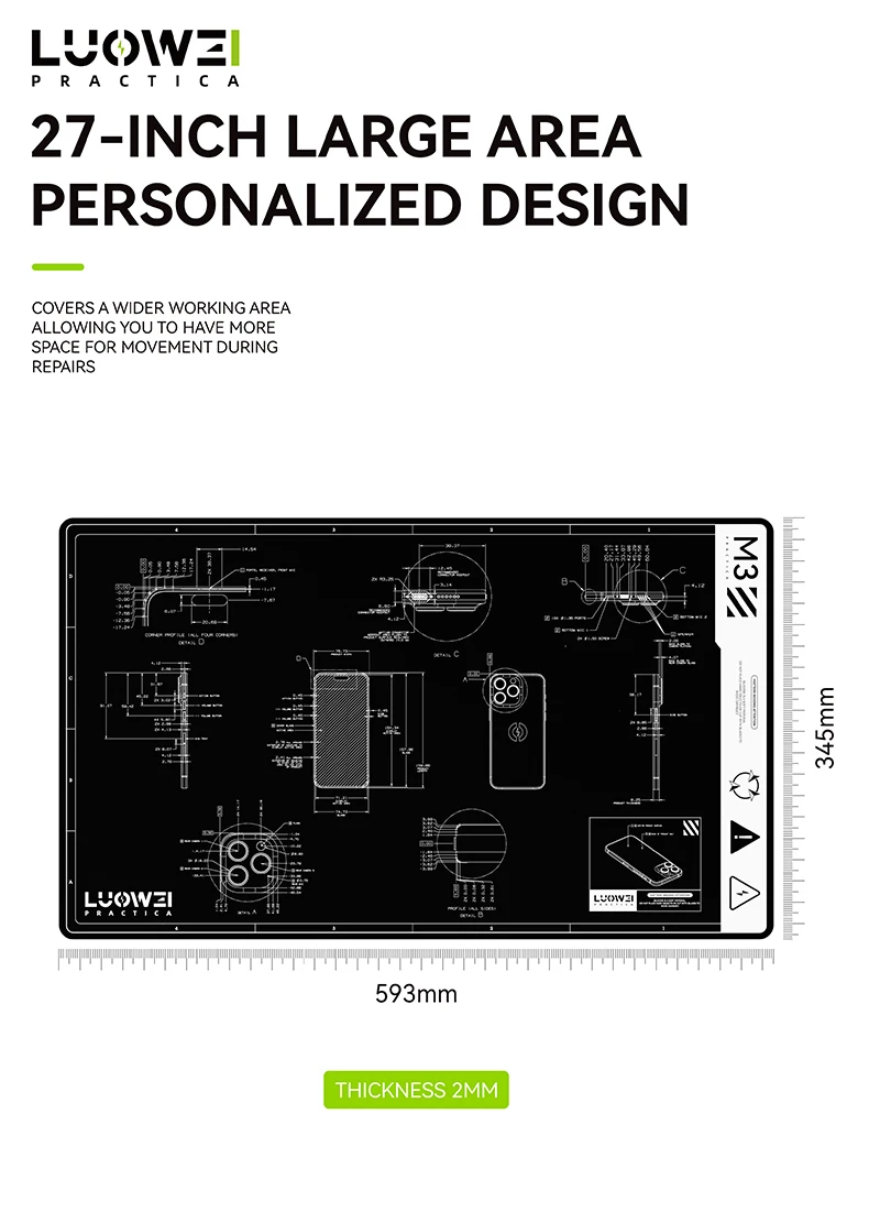 LW-M3 27Inch Bend-Free Heat Resistant Repair Mat Waterproof Dirt-Resistant Insulation Pad for Phone Soldering Work