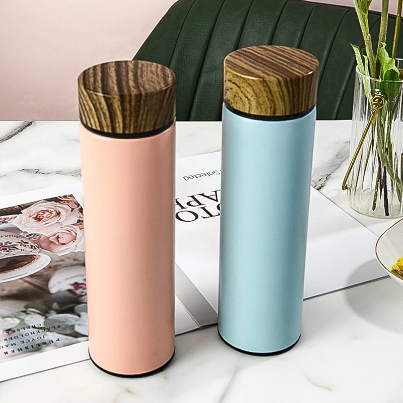 500ml wholesale stainless steel water bottles with wooden grain lid