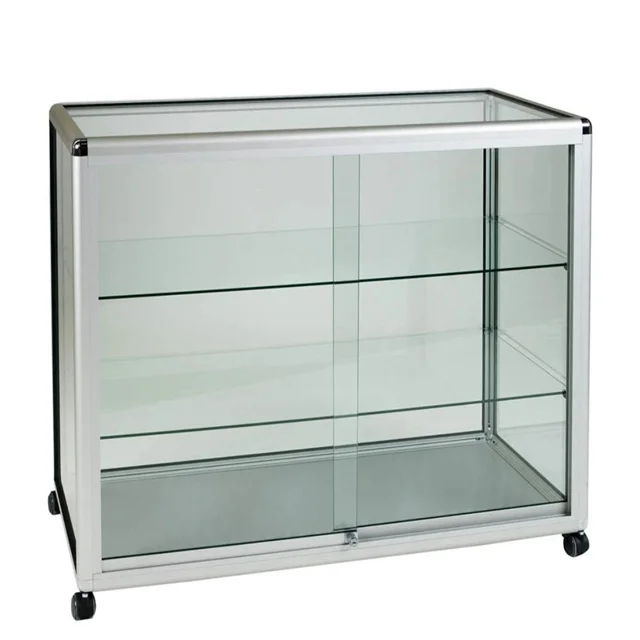 Custom-designed Rectangular LED-lit Tempered Glass Display case for Shopping Malls and Retail Stores.