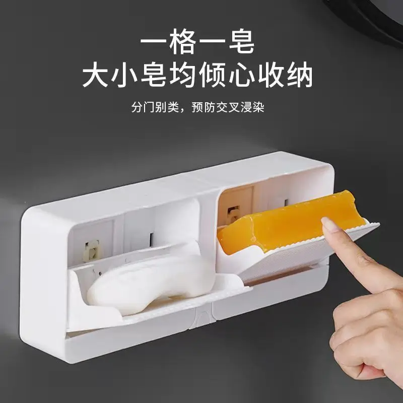 Adhesive Bathroom Shelf Wall Mounted Storage Rack Without Drill Soap Holder with Cover Dustproof and Waterproof Soap Box