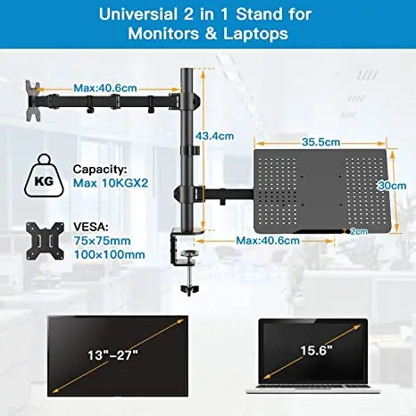 MG Dual Monitor Stand Arms With Laptop Tray Clamp Desk Mount VESA Screen PC Laptop 2 in 1 Adjustable Monitor and Laptop  Riser