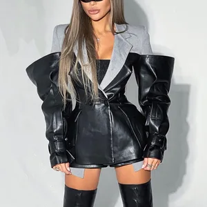 Street Fashion Style Irregular Casual Contrast Color Patchwork Leather Oversized Blazers Ladies Women's Blazer