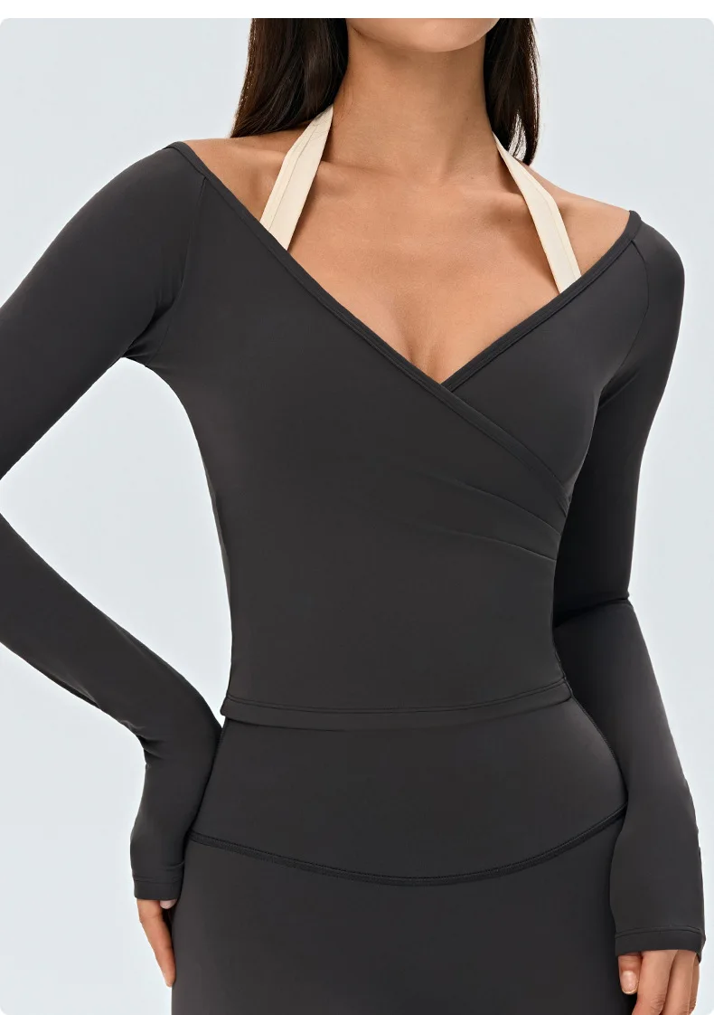 Women's Long Sleeve Yoga Cross Pleated V Neck Crop Shirt Four Way Stretch Quick Dry Pilates Workout Wear — detail