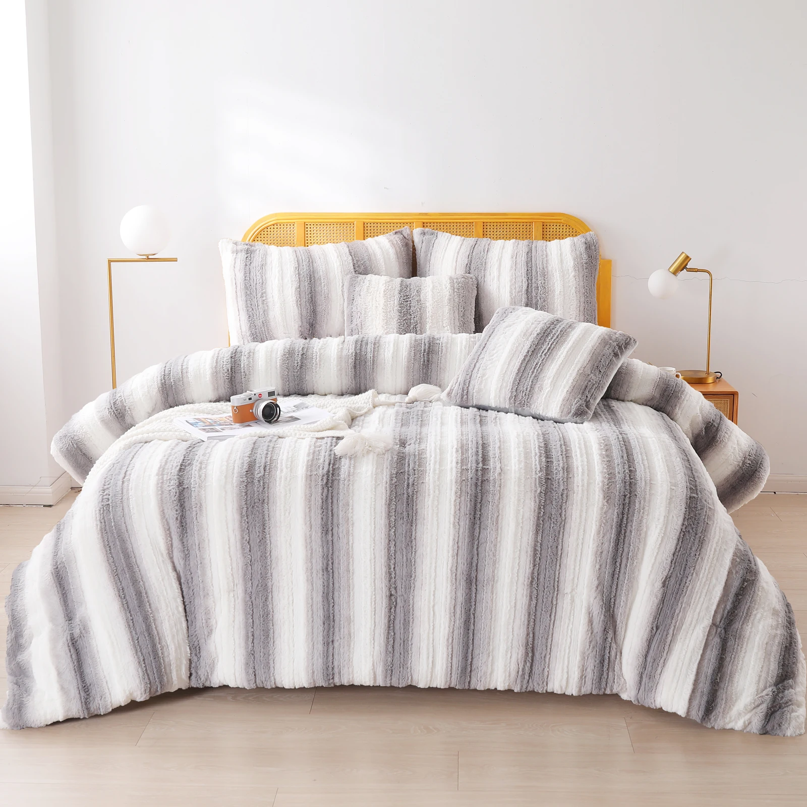 Soft Faux Fur Comforter Grey and White Stripes Design Pattern Comforter  with Pillow Shams Luxury Fur Bedding Set