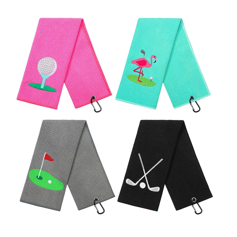 Personalized Logo Microfiber Golf Towel Quick Dry Tri-fold Waffle Pattern Printed Polyester Sport Towel for Travel Jacquard details