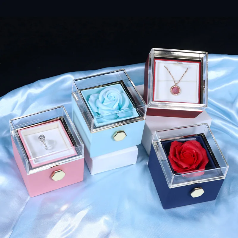Customized Eternal Rose Acrylic Jewelry Rotating Flower Gift Box Wedding Ring Box Necklace Storage Box