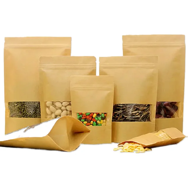 Impressão, Embalagem de Grau Alimentício, Atacado, Bolsas de Papel Kraft Comuns e Baratas, Zíperes, Bolsas de Papel Kraft com Zíper, Bolsas para Alimentos com Janela