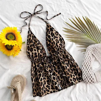Wholesale Women's Casual Halter Tie Neck Leopard Print Backless Camisole Split Crop Top for Summer Vacation