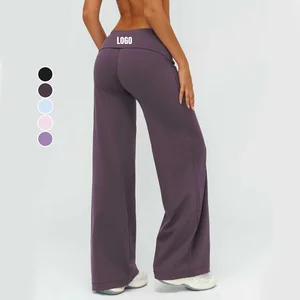 Custom Logo Women's Loose-Fit Wide Leg Pants Soft Butter Fold-Over Waist Workout Pants Quick Dry Straight Leg Baggy Sweatpants