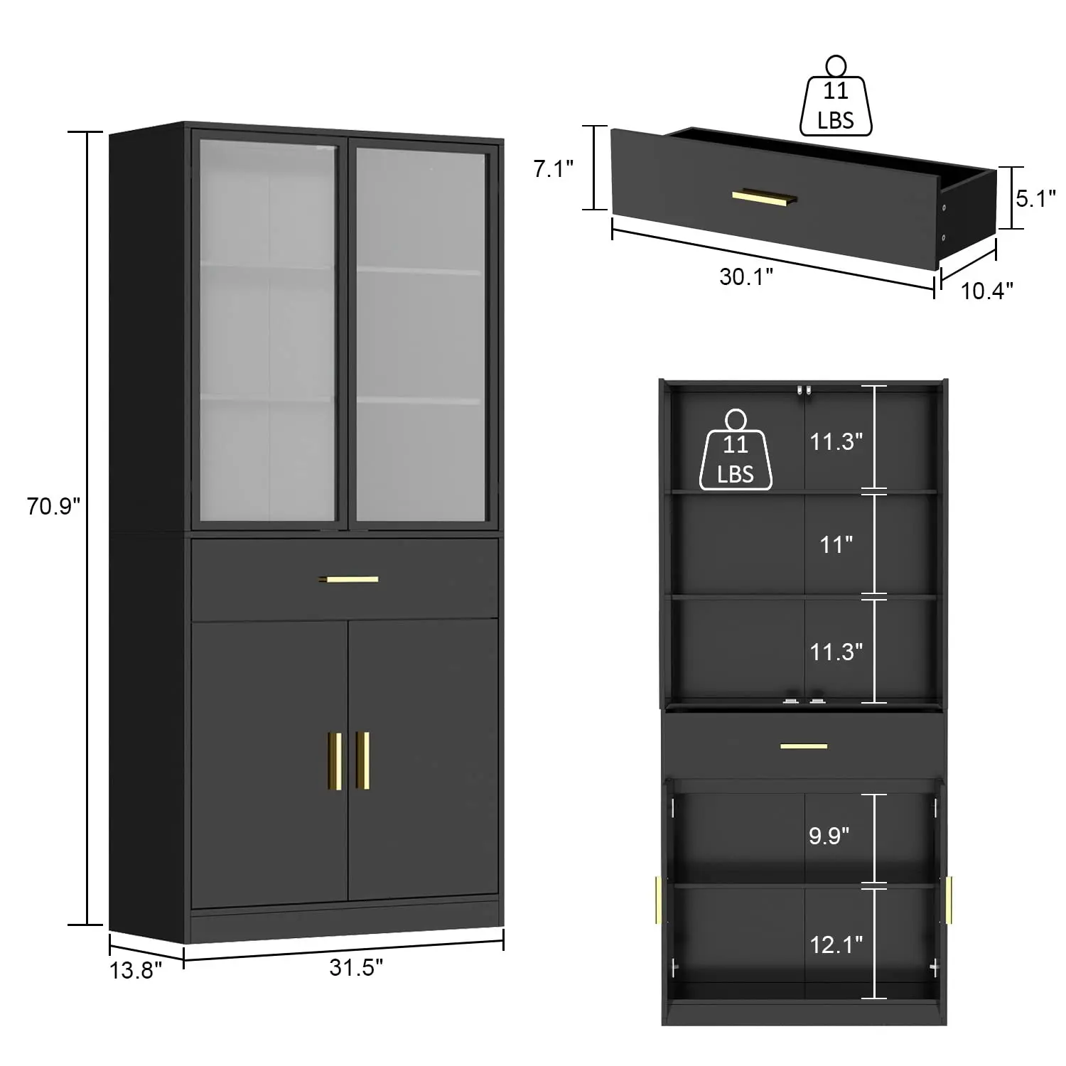 Freestanding Kitchen Pantry Storage Containers with Glass Door Wood Sideboard Buffet and Credenza for Dining Organization