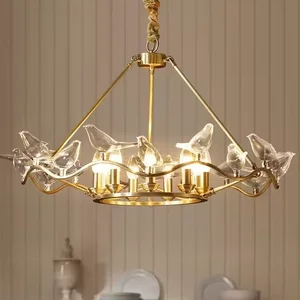 Birds Design Pendant Light Led Round Golden Glass Chandelier Lights for Decoration Dining Room Home
