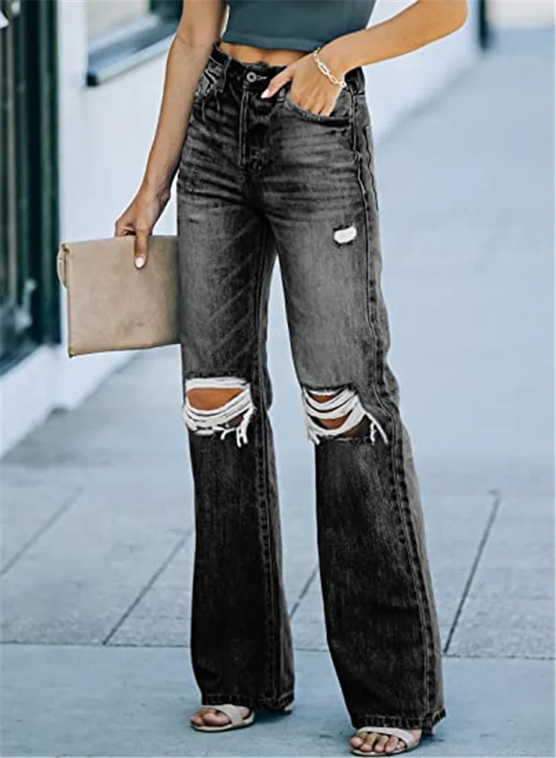 Jeans Da Donna Strappati Estivi A Vita Alta Da Donna 2021 Pantaloni Larghi  In Denim Strappati Alla Moda Jeans Strappati Con Reti Da Pesce - Buy A Vita  Alta Jeans Strappati Per