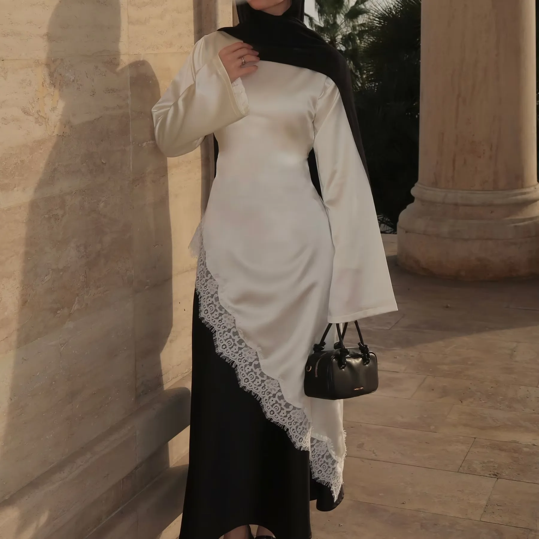 2026 Modest Satin Muslim Asymmetric Lace Trim Abaya Top Dubai Style Islamic  Clothing Women Modest Asymmetrical Lace Dress