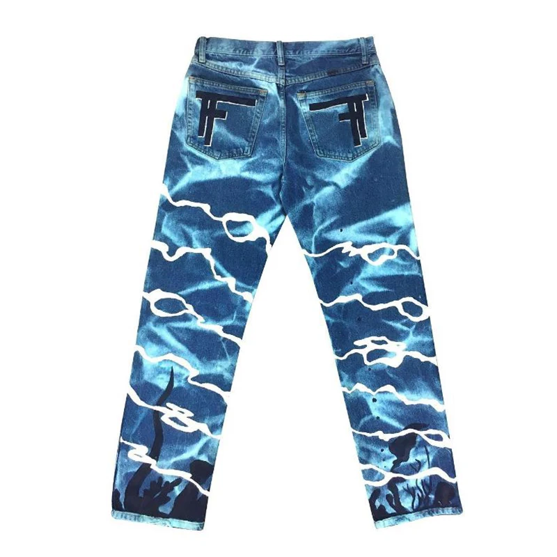 Diznew 2022 New Wave Print Tie Dye Jeans Men Street Style Loose
