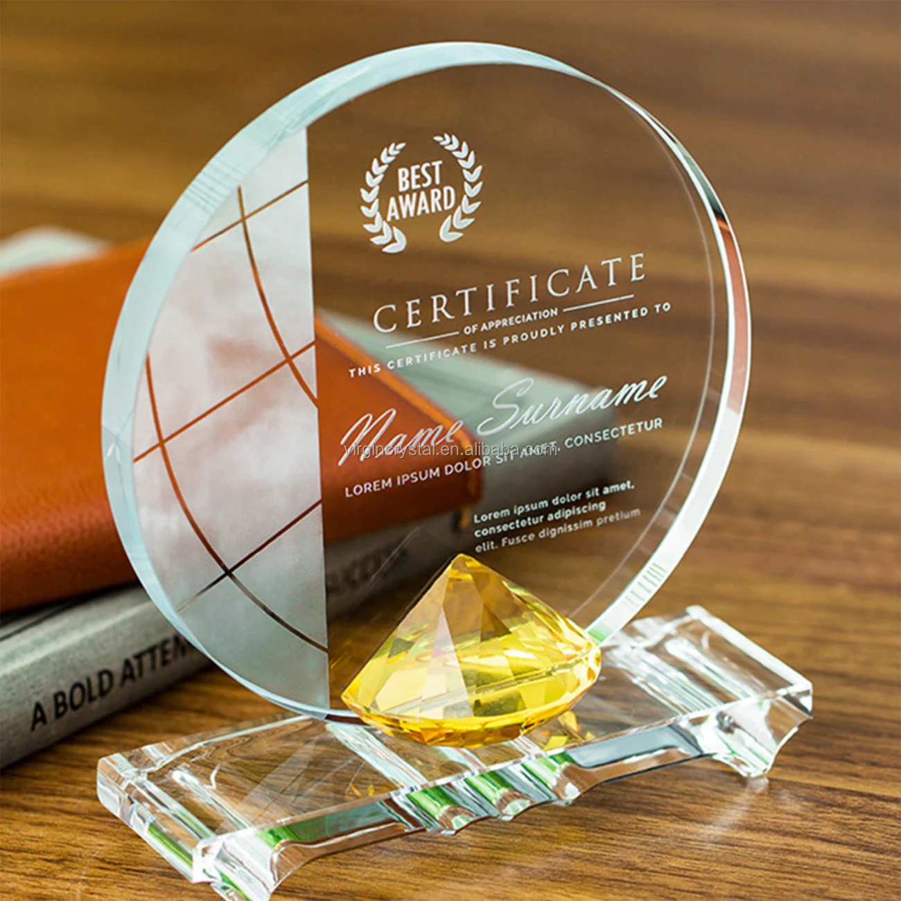 Pujiang Factory Hot Sale K9 Glass Laser Engraving Custom Blank Round Plaque Crystal Trophy Awards Business Events