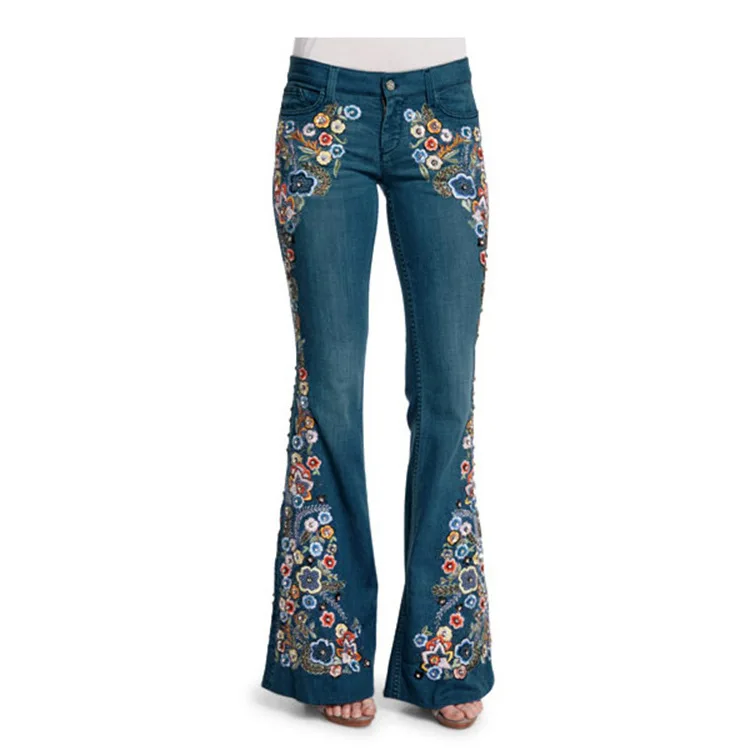 XS to 4XL Women's Jeans Embroidery Patches Slim Show Slim Washed Ladies Pants Womens Trousers Flared Pants Jeans
