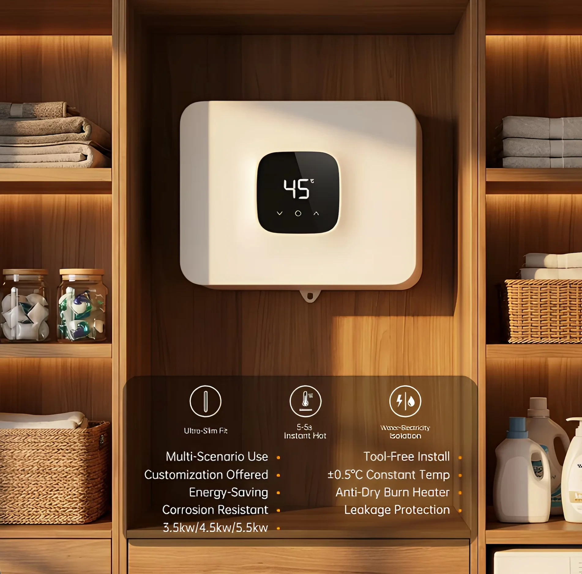 5,5 kW Thermostatum Intellegens Cum Tactili Schermi ABS Caelum, Automatica Potentiae Regulatio, Instantaneus Aqua Calida Electricus Calefactor Domi et in Balconibus
