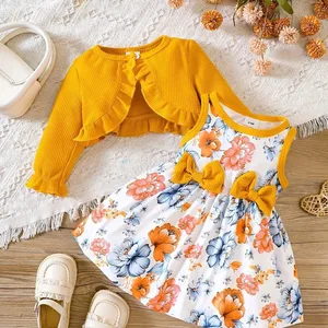 Baby Girls Printed Set Sleeveless Pleated Dress Lace Bell Long Sleeve Jacket 2pcs Infants Toddler Clothing Set Clothes for Kids