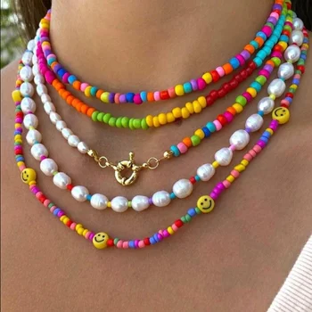 Spring handmade stackable design colorful smile pearl women beaded necklace