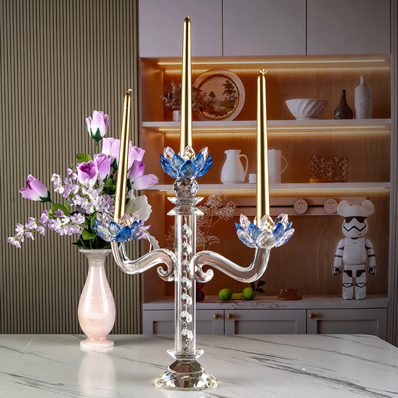 Glass Long Handle High-end Lotus Home Decoration Three Arm Glass Wedding Center Crystal Candlestick
