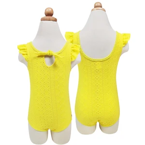UPF50+ Cute Bright Color One-Piece Kid Swimsuit Hollow Out Bow Front Bikinis Frilly Sleeve Swimwear Toddler Beach Bathing Suit