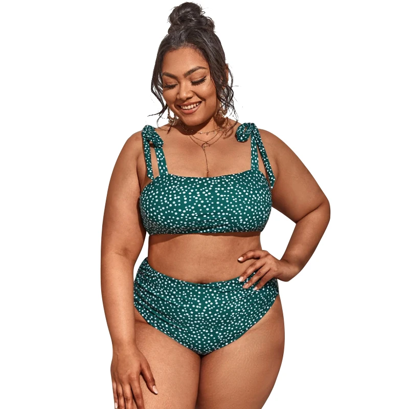 Plus Size Women Dot Green Vintage Bikini Tie Straps High Waisted Women Recycled Nylon Ladies Bathing Suit