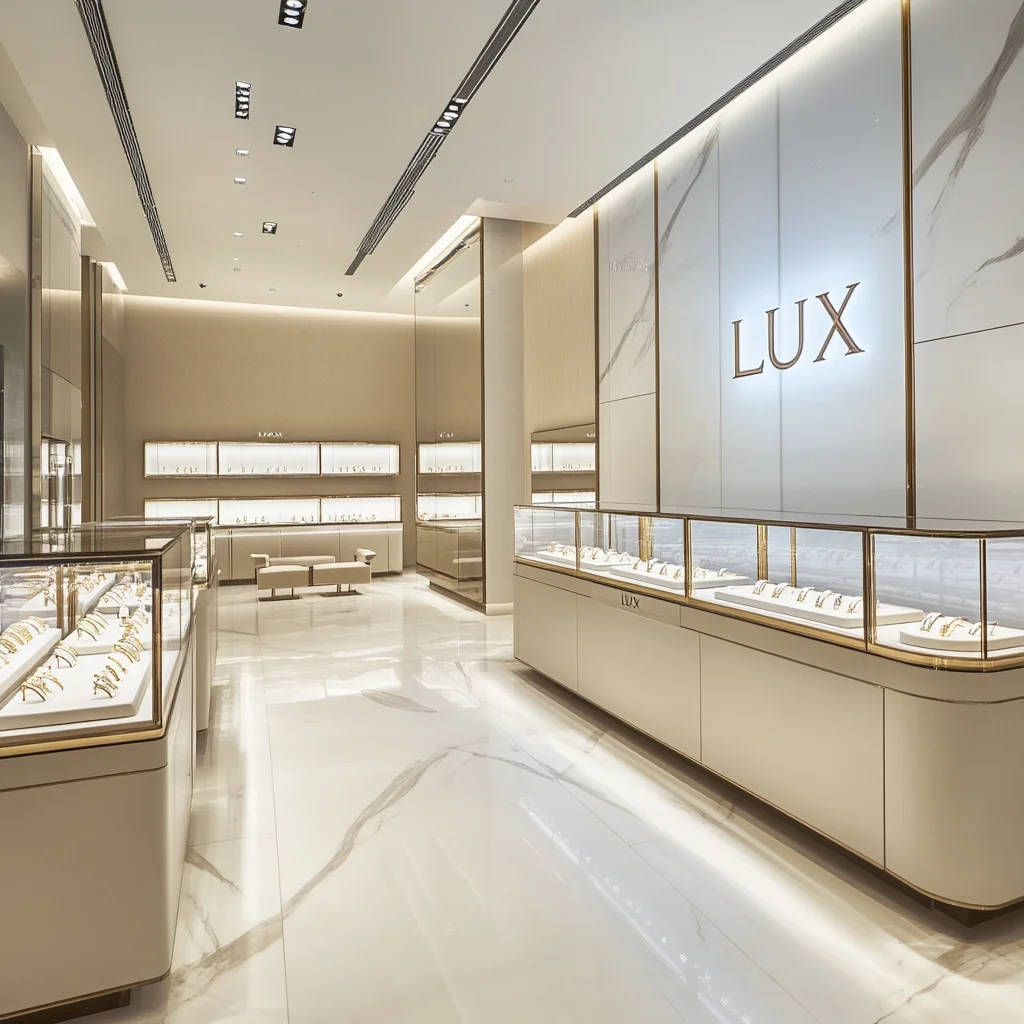 LUX Custom Modern Dubai Jewellery Display High Quality Wood Jewelry Display Showcase Shop Interior Decor Design