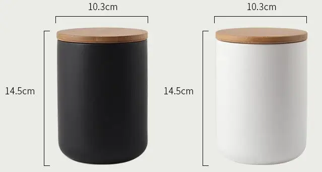 Practical customizable white black kitchenware ceramic storage jar with a wooden lid for home uses