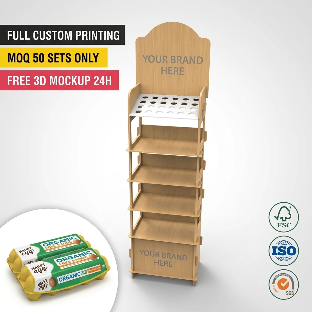 Wholesale Custom 6 Tier Wooden Egg Display Stand Retail Fresh Food Ingredient Rack with Top Egg Holes Floor Wood Grocery Shelf