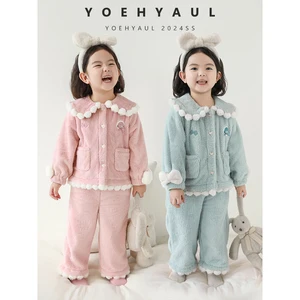 YOEHYAUL D3917 Furry Winter Pajamas for Kids Toddler Blue Pink Plush Thick Little Girl Children's Sleepwear Homewear
