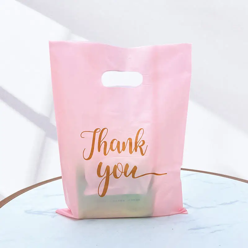 Custom Logo Printed Fold Plastic Pink Thank You Die Cut Handle Carry Shopping Packaging Bags For Boutique Retail Shopping details