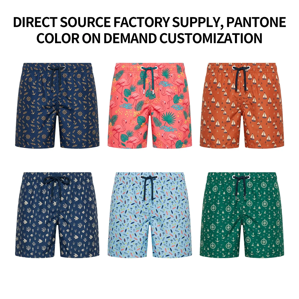 Mens Board Shorts Quick Dry Swim Trunks Elastic Waist Drawstring Lightweight Beach Shorts Side Pocket OEM ODM Custom