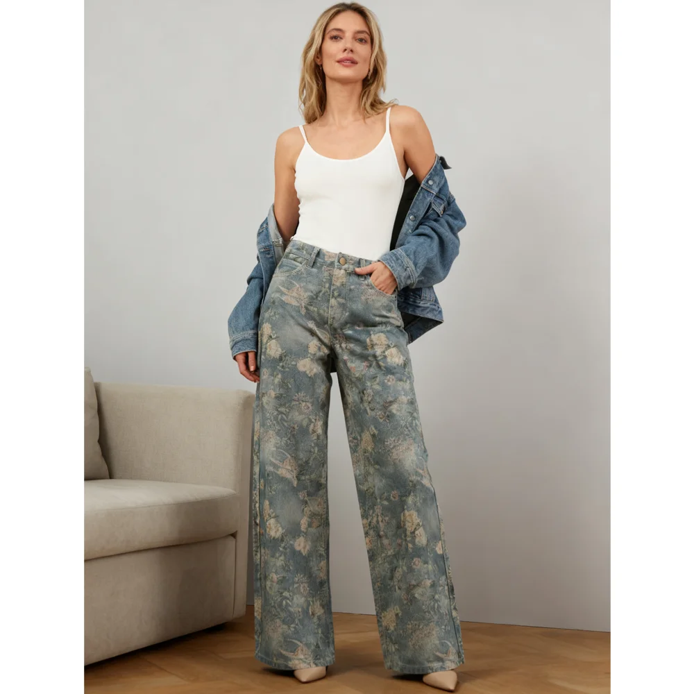 American Retro Flower-Printed Jeans Casual Style Mid Waist Straight-Cut Loose Wide-Legged Denim Pants