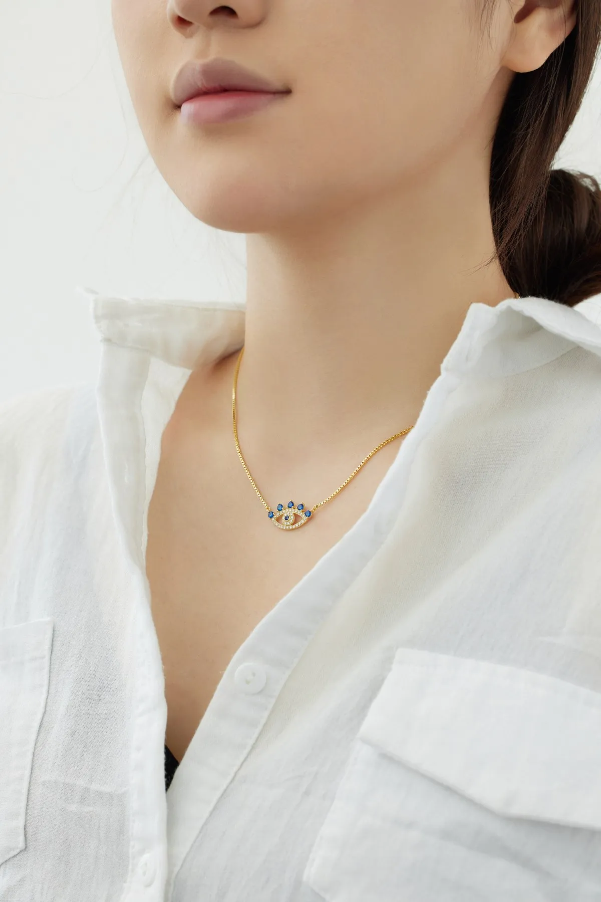 KAKODIY High Quality Cubic Zirconia Necklace 925 Sterling Silver Chain Goog Luck Blue Evil Eyes Pendant Necklace for Women detail 4