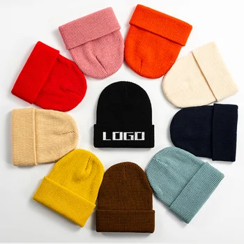 Winter Warm Solid Color Acrylic Knitted Beanie Hat Custom Label Logo Fashion Beanie for Women Men