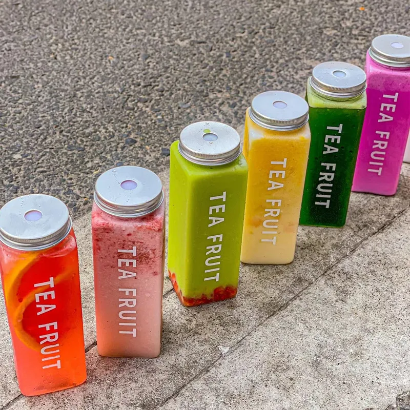 Chinese Factory Plastic Rectangle Shape Milk Tea Juice Bottle With Aluminum Screw Lids