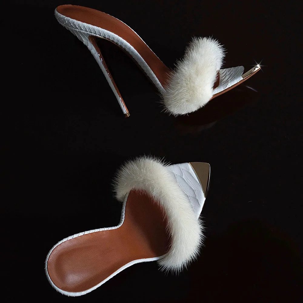 Elegant Pointed Toe High Heels Women Luxury Fur Slip On Sandals - Buy ...