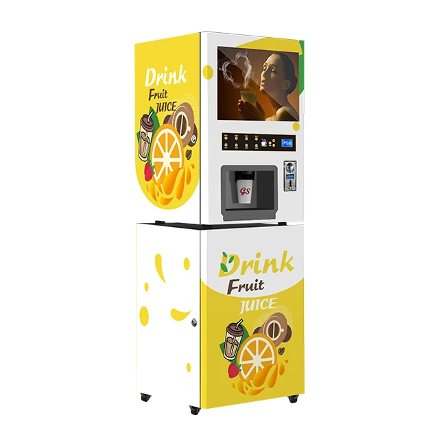 Distributeur automatique de jus d'orange avec système de refroidissement, paiement par pièces et billets, distributeur automatique de café instantané