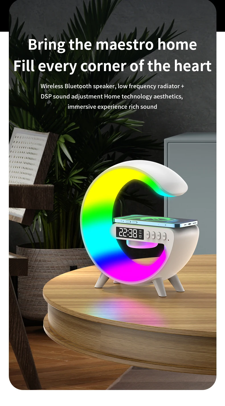 Bluetooth Speaker Atmosphere Table Lamp with Wireless Charger RGB Alarm Clock Ambient LED Night Light
