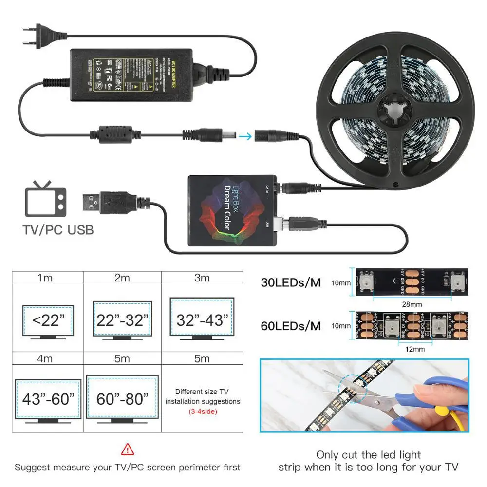 Dreaming Color Smart USB Full Set Led Adhesive Tape HDTV Computer Screen Color Sync DIY Back Light Ambient Strip Kit