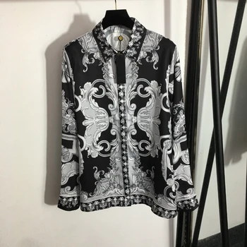 Spring/Summer high quality portrait gold buckle vintage pattern versatile long sleeve shirt slim fit leggings