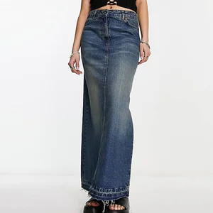 Vintage Bohemian Maxi Denim Skirt for Women High Rise Breathable Natural Waistline Blue Dirty Wash Practical Functional Pockets
