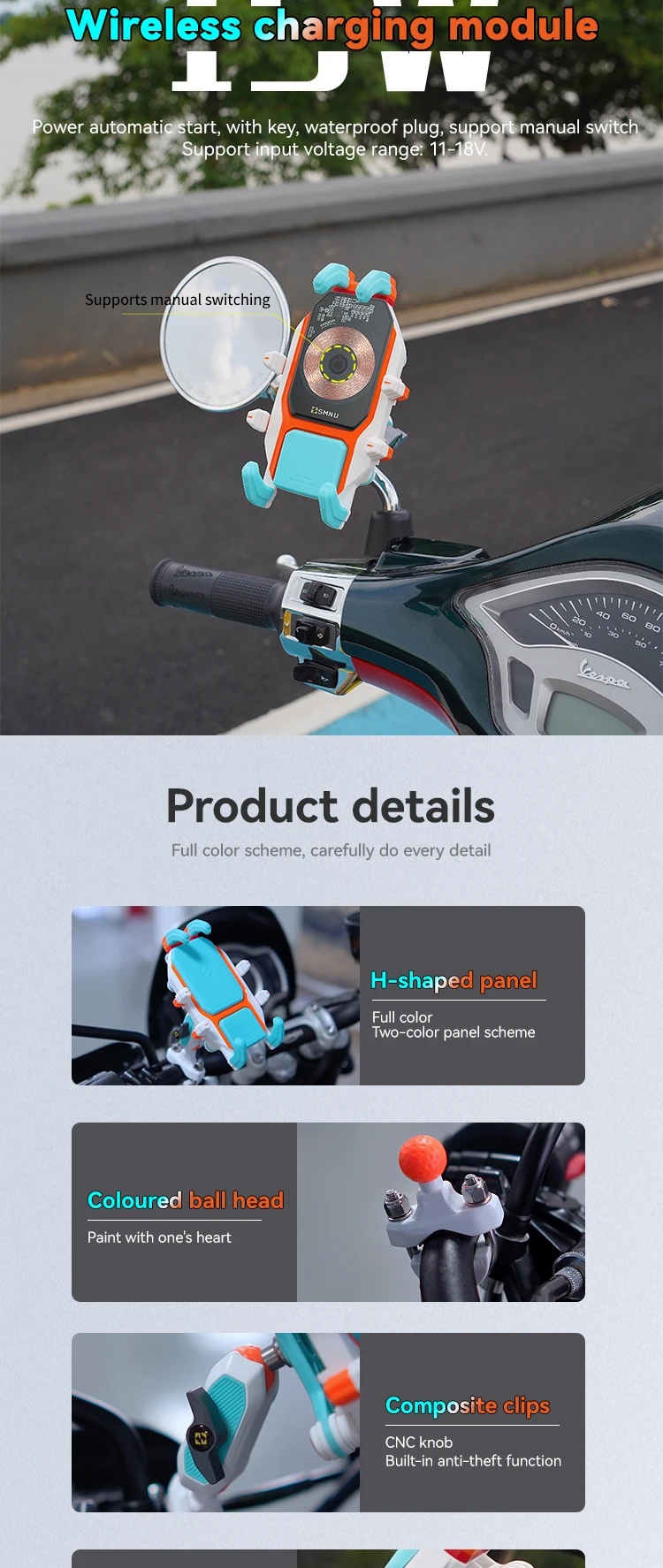 SMNU 2024 New Design Mobile Phone Holders Waterproof Shock Absorber Dazzling Aluminum Alloy  Motorcycle Bike Mount supplier