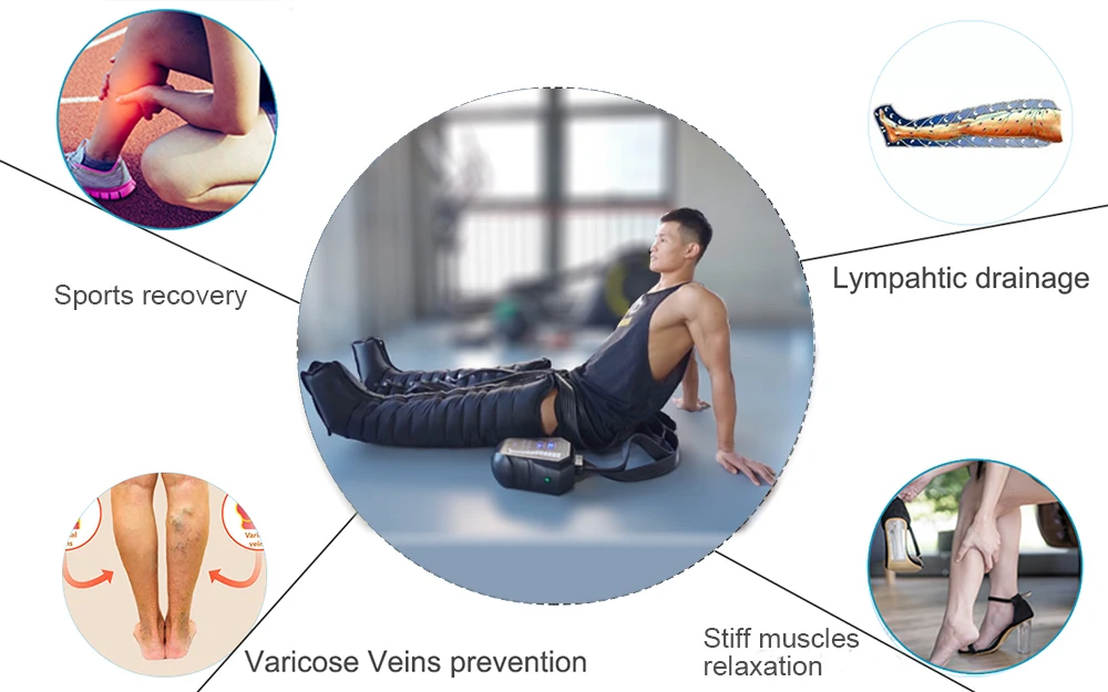 Premium portable sport recovery equipment 12-chamber pressotherapy machine compression boots pants for full legs and hip massage details