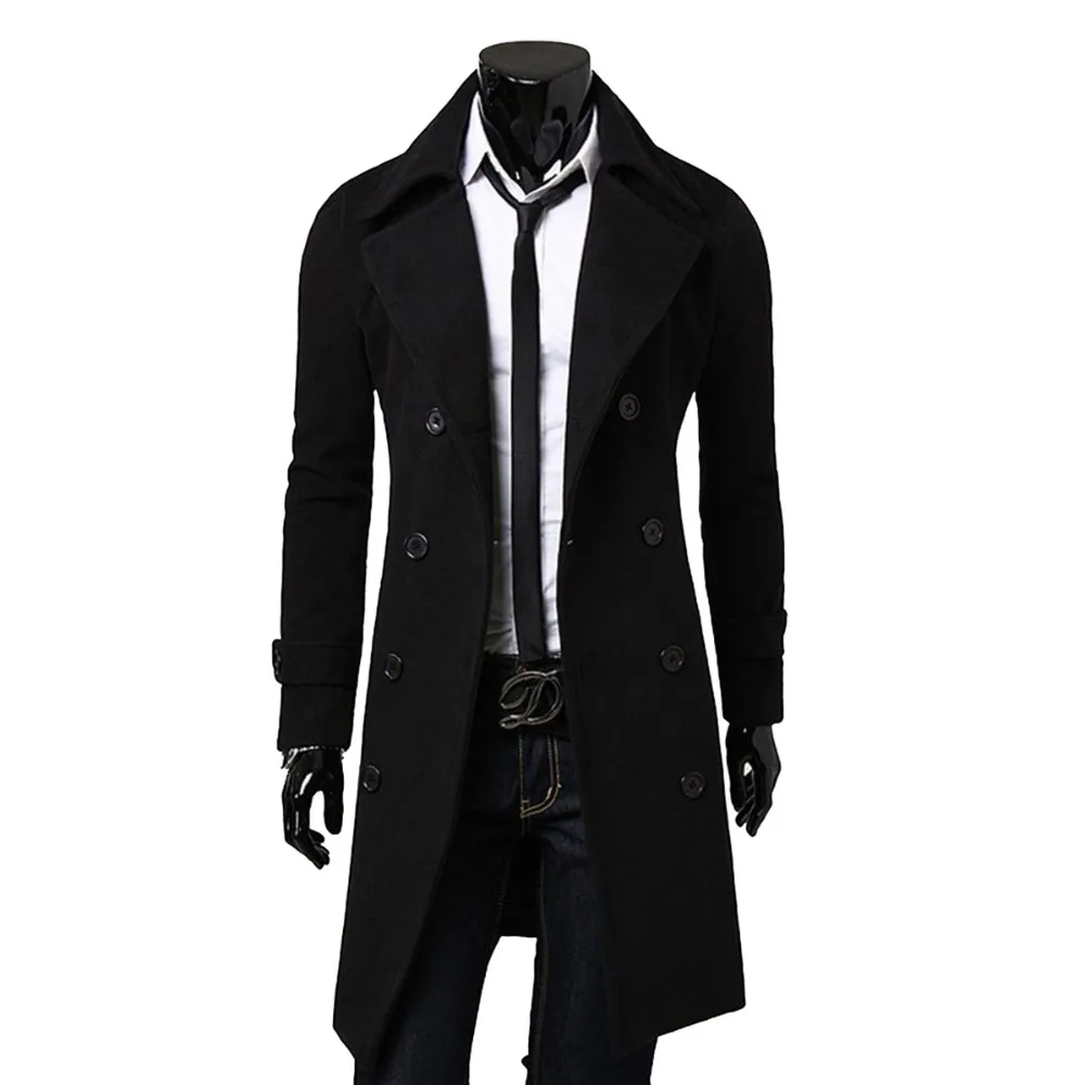 Fashion Autumn Long Trench High Quality Self-cultivation Solid Color Men's Coat Double-breasted Jacket_voghion.com