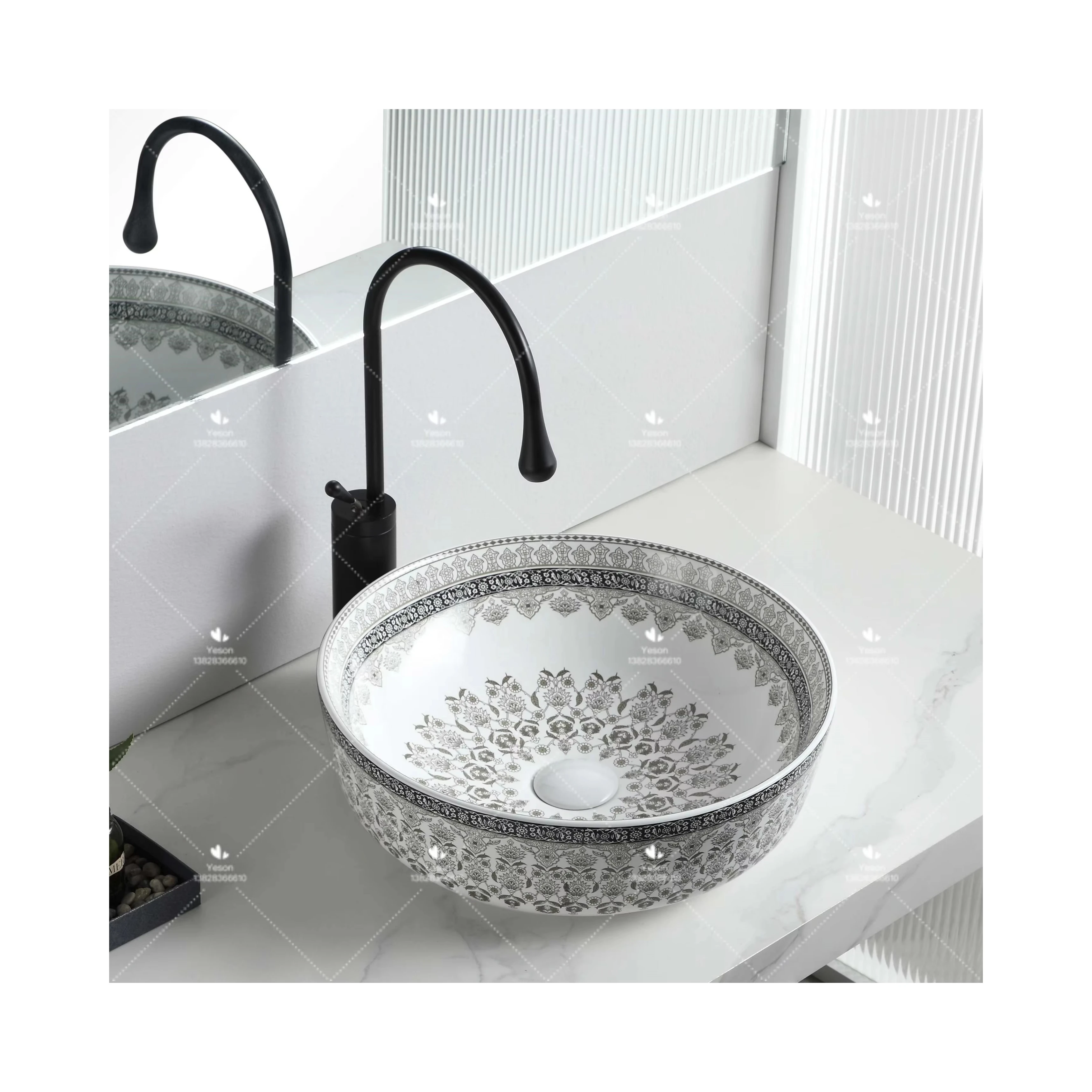 Luxury Design Round Gray Flower Pattern Porcelain Handmade Wash Basin Bathroom Ceramic Countertop Art Sink for Hotel