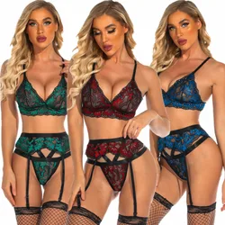 sexy women 2 pieces lace Patchwork Hollow Out Strappy Bralette lingerie mesh